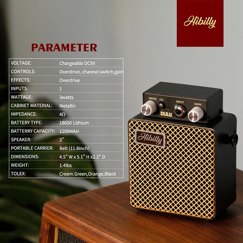 HiBilly Dull3 Full-Metal Mini Guitar Amplifier, Rechargeable 3W Pocket Micro Amp with Clean/Overdrive/Distortion Modes, 3" Speaker, 1200mAh Battery - Image 2